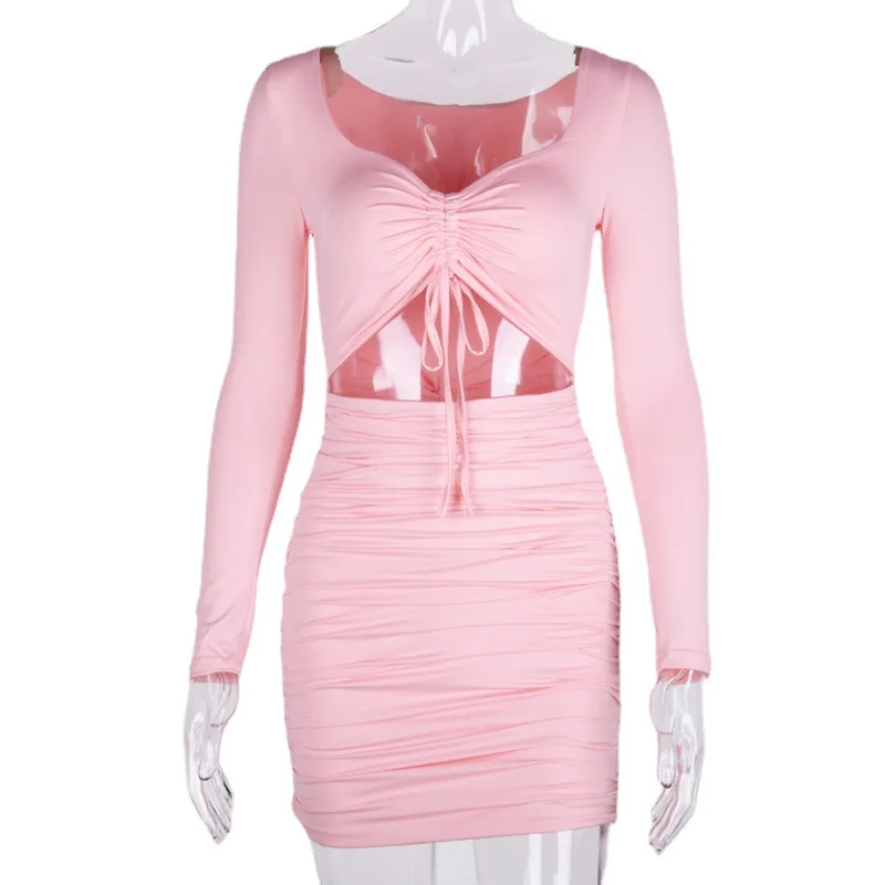 

2021 Summer Sexy Women's Fashion V-neck Hollow Pleated Tight-fitting Pleated Hip Skirt Female Dress