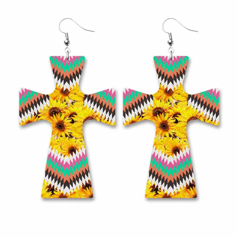 

TEXAS NEW TRENDY SUNFLOWER PRINTING FAUX LEATHER TEARDROP DANGLE EARRINGS