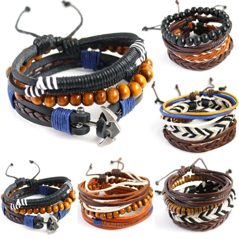 Дропшиппинг деревянная бусина плетеный из бисера восковой браслет Кожа Якорь