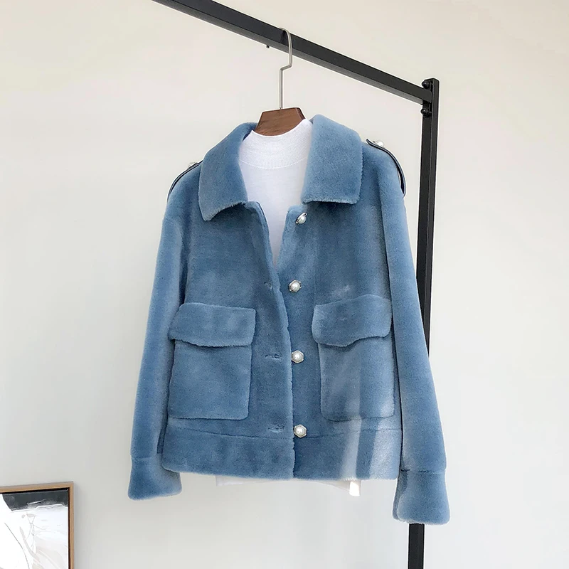 blue Пальто из натурального меха, шерстяная куртка, осенне-зимнее пальто, женская одежда, Корейская винтажная овечья шерсть, женские топы Abrigo Mujer ZT3465 - Цвет: blue