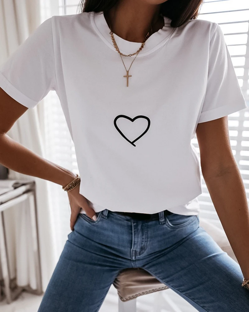 

2020 Summer Women New Fashion Heart Print Short Sleeve Casual T-shirt Heart Print Casual O Neck Basic Tee Female T Shirt