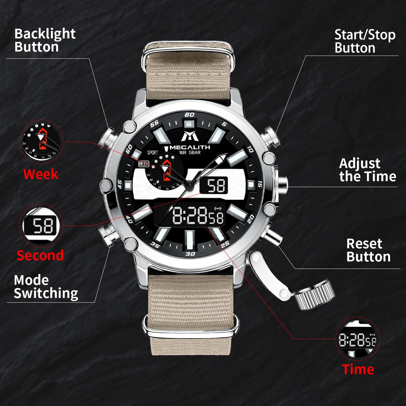 Оптовая цена MEGALITH часы мужские многофункциональные водонепроницаемые