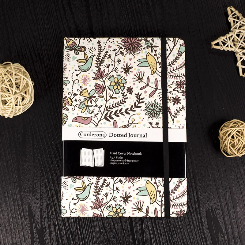 

A5 160gsm Floral Dotted Bullet Notebook Dot Grid Journal Hard Cover Elastic Band Travel Planner Diary