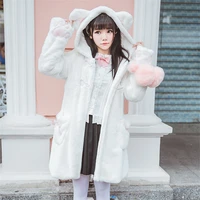 winter cute cat ears hooded fluffy jacket women kawaii warm soft girls plush coat lolita long sleeve outwear fleece outerwear