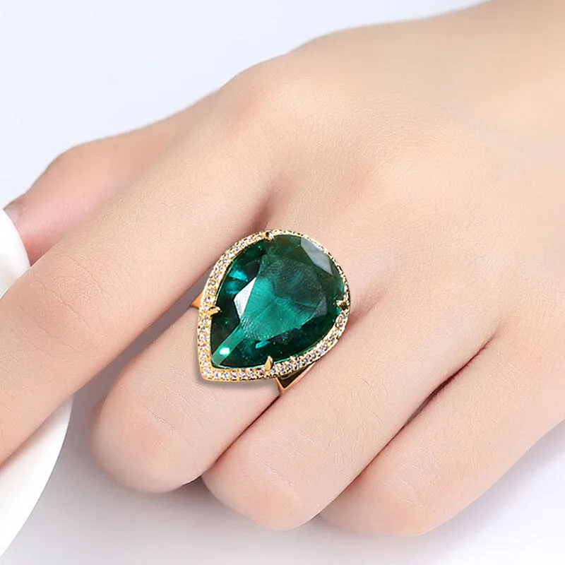 

BIJOX STORY 925 Sterling Silver Ring with Water drop Shaped Emerald Gemstones Rings for Women Fine Jewellery Wedding Party Gifts