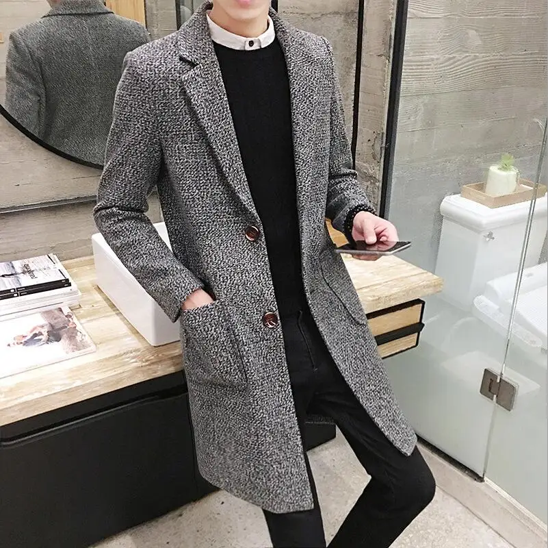 Autumn And Winter Men's Slim Woolen Coat Korean Long Section Fashion Woolen Coat - Цвет: Gray