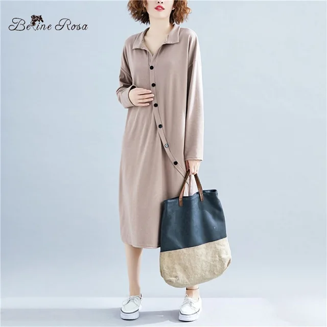 khaki BelineRosa Элегантные Офисные Женские Платья Осень Зима Основные Женщины Чистый Цвет Плюс Размер Ежедневное Платье TTFS0002 - Цвет: khaki