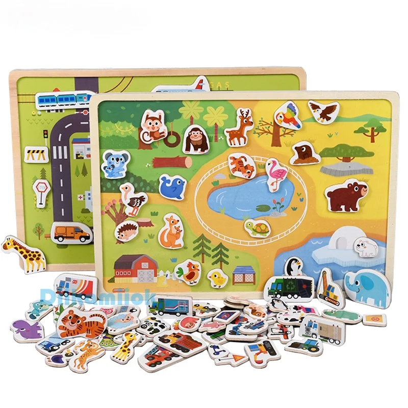 

Магнитная деревянная головоломка, обучающая игрушка для детей, животные и трафик