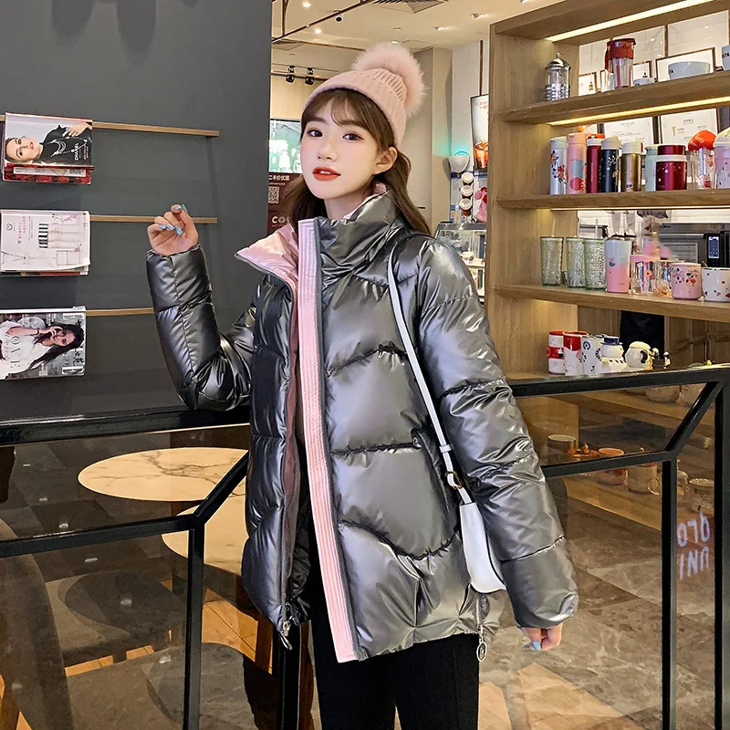 

2020 new women's short down down padded jacket, large size bright leather, Korean student thin and thick loose padded jacket
