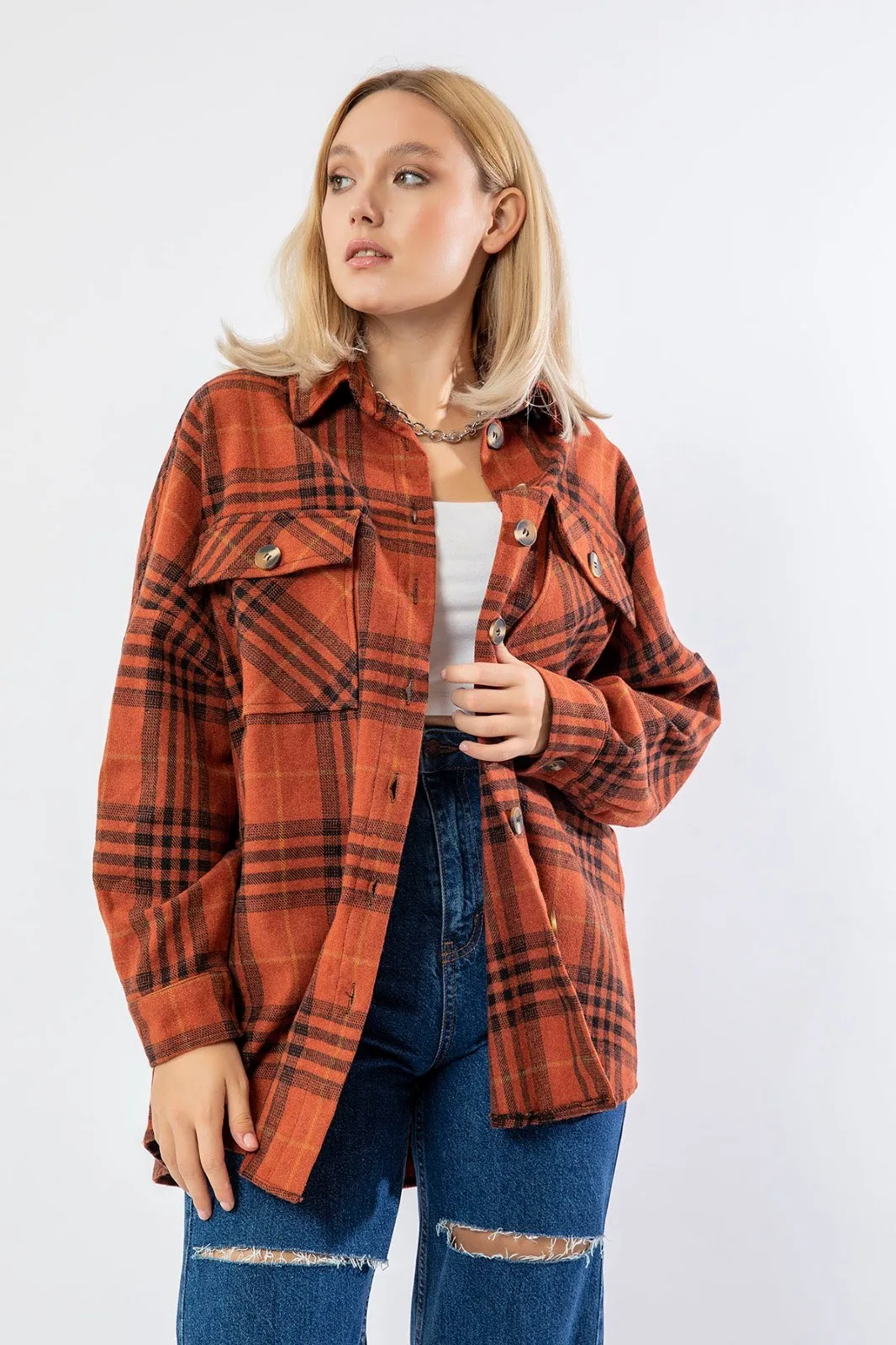 

Women's Thick Pocket Detail Plaid Cotton Shirt PBG8748