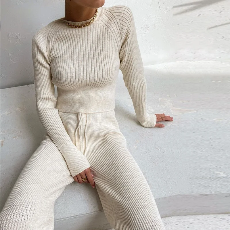 

Pure Color Slim Knitted Sweater Top Long Sleeve + Pants Set Women Fall/Winter 2021 Casual Warm Pants Set