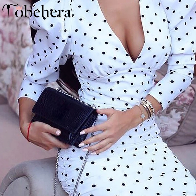 Glamaker Осеннее белое сексуальное платье в горошек женское элегантное с v-образным