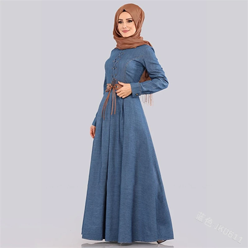 Индонезийская мода джинсовое платье для женщин Бангладеш арабское синее хиджаб