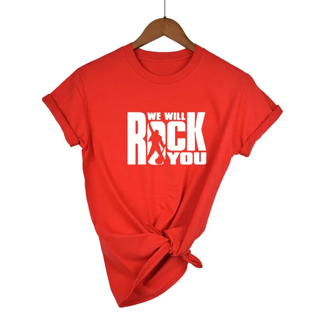 Red-W We Will Rock You Женская Футболка Летний стиль королева рок группа футболка короткий рукав хлопок рок-ролл женские топы - Цвет: Red-W
