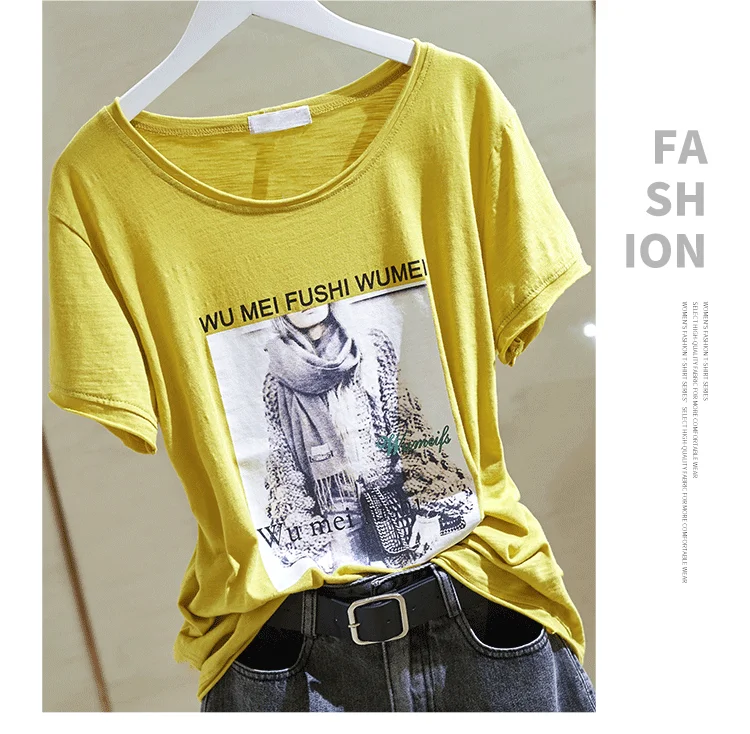 

2021 Summer Purple Crew-Neck Letters Portrait Printing Loose Bamboo Cotton Slimming Short-Sleeved T-shirt Women's Bottoming