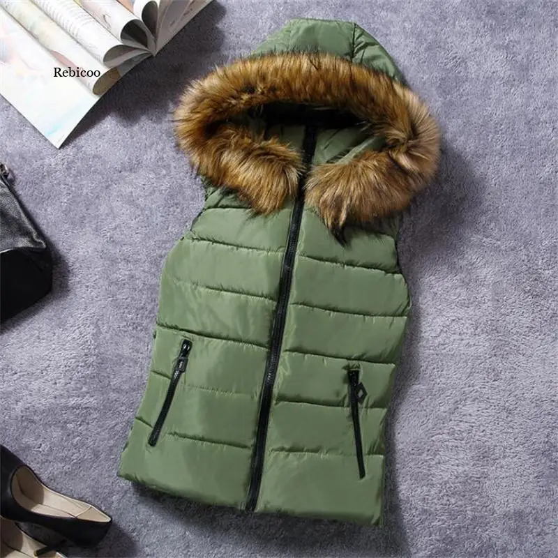 

Winter New Slim Cotton for Women Vest Warm Cotton Jacket with Hood Solid Color Autumn Plus Sizes Women's Vest Coat