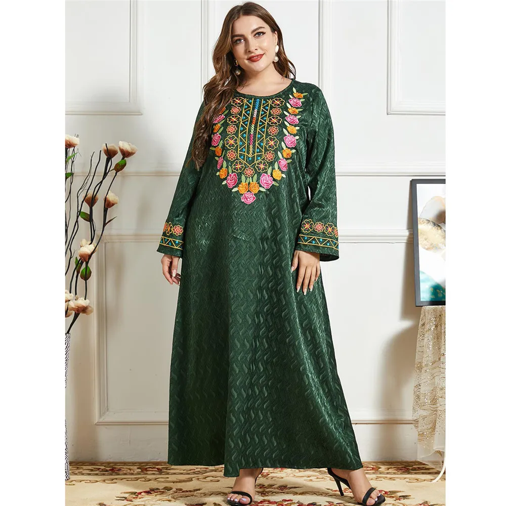 Размера плюс 5XL этнические платья макси с длинным рукавом платье зеленого цвета с цветочной вышивкой арабский мусульманская одежда из Дуба...
