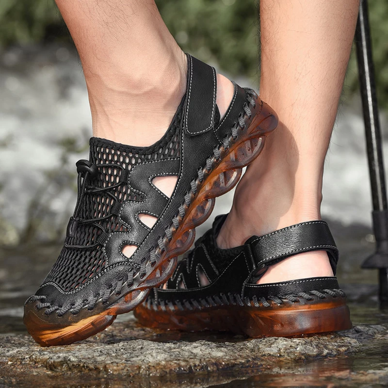 

Men's Sandals Breathable Shoes Mesh Patchwork Male Sandals Soft Sole Flats Beach Shoes Non-Slip Water Walking Shoes for Male
