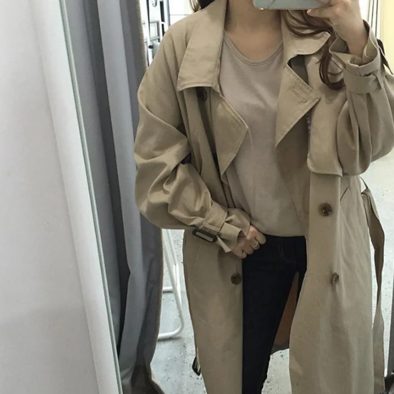 

New Spring Autumn Korea Style Full Sleeve Double Breasted Turn-down Collar Button With Sashes Women Loose Coat S284