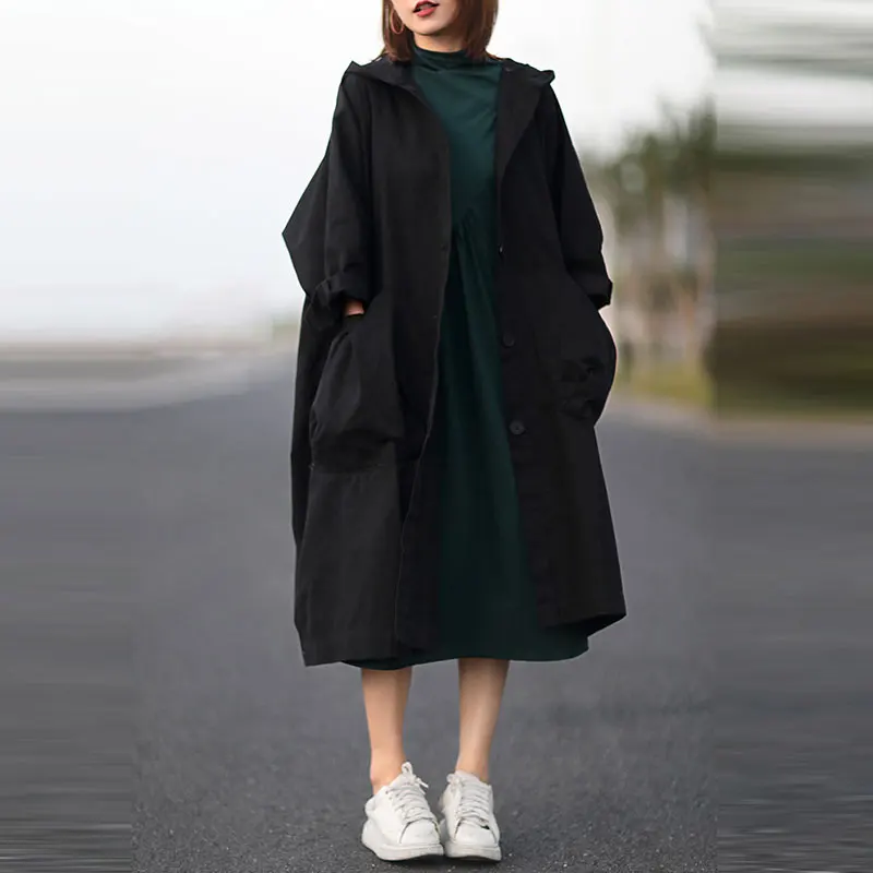 

2021 Autumn New Arts Style Women Single Breasted Hooded Long Coat Big Pocket Loose Casual Solid Trench Coats Big Size