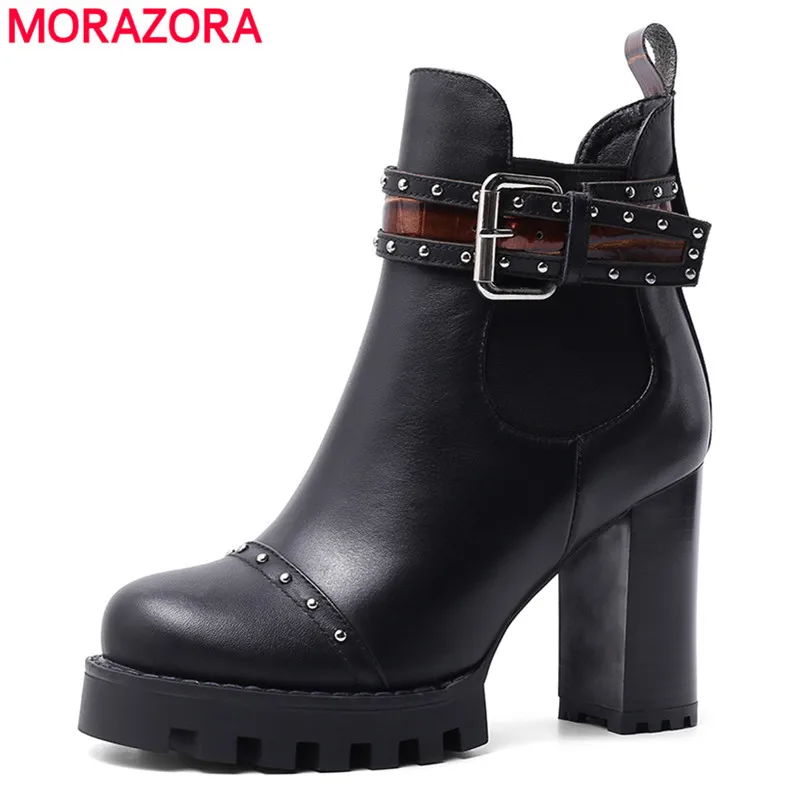 Женские ботильоны из натуральной кожи MORAZORA Черные на толстом высоком каблуке с