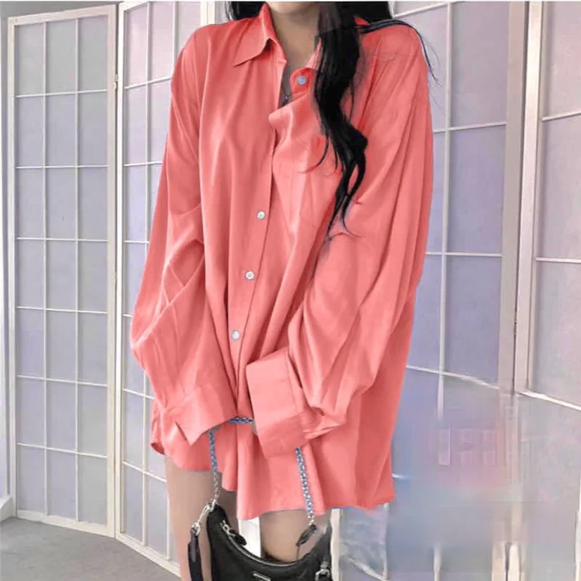 

Korean style multi color shirt long sleeve Korean style loose middle long thin student shirt coat female