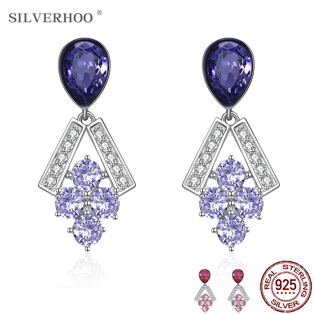 

SILVERHOO Womenâ€™s Earrings 925 Sterling Silver Drop Earrings Round Grape Beads Austria Crystal Classic Party Fine Jewelry