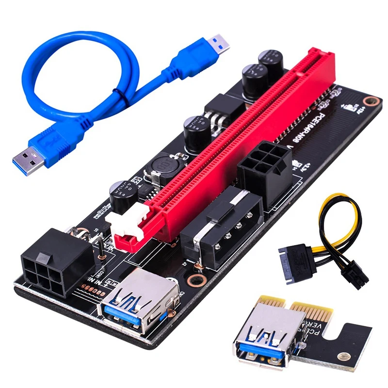 PCI-E Pcie Riser 009 Express 1X to 16X Extender PCI E USB Riser 009S Dual 6Pin Adapter Card SATA 15Pin for Bitcoin Miner