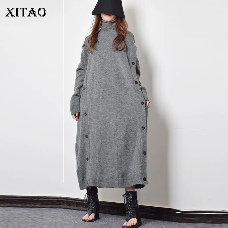 XITAO украшение на пуговицах вязаное Повседневное платье для женщин зима 2019 серая
