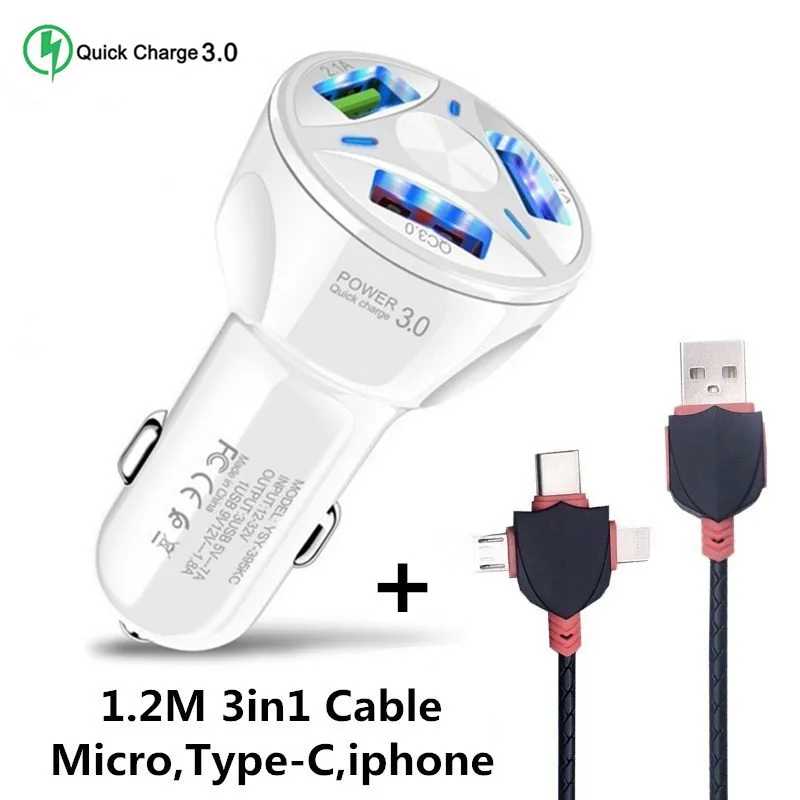 White 3USB and Cable Хорошее автомобильное микро USB зарядное устройство 3,0, быстрая зарядка, зарядное устройство для мобильного телефона, 2, 3 порта, USB быстрое автомобильное зарядное устройство для iphone, ios, Android - Тип штекера: White 3USB and Cable