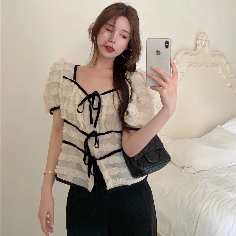 

Korean Chiffon Shirt Women Contrast Color Patchwork Blusas Mujer Puff Sleeve Square Collar Blouses Summer Bow Chic Tops