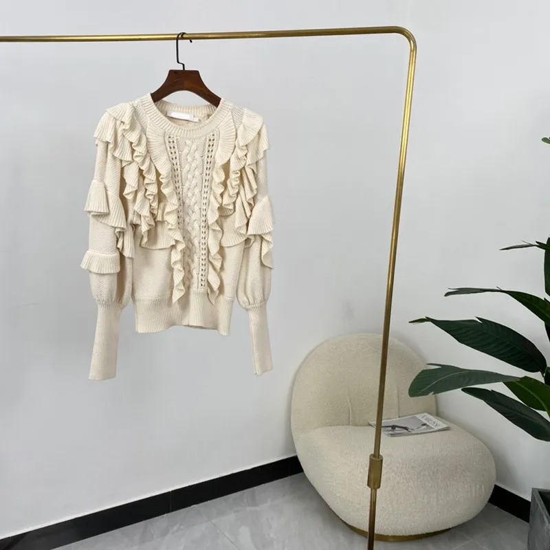

High Quality Autumn Women Fashion Solid Ruffles Hook Flower Hollow Long Sleeve Pullover Sweater