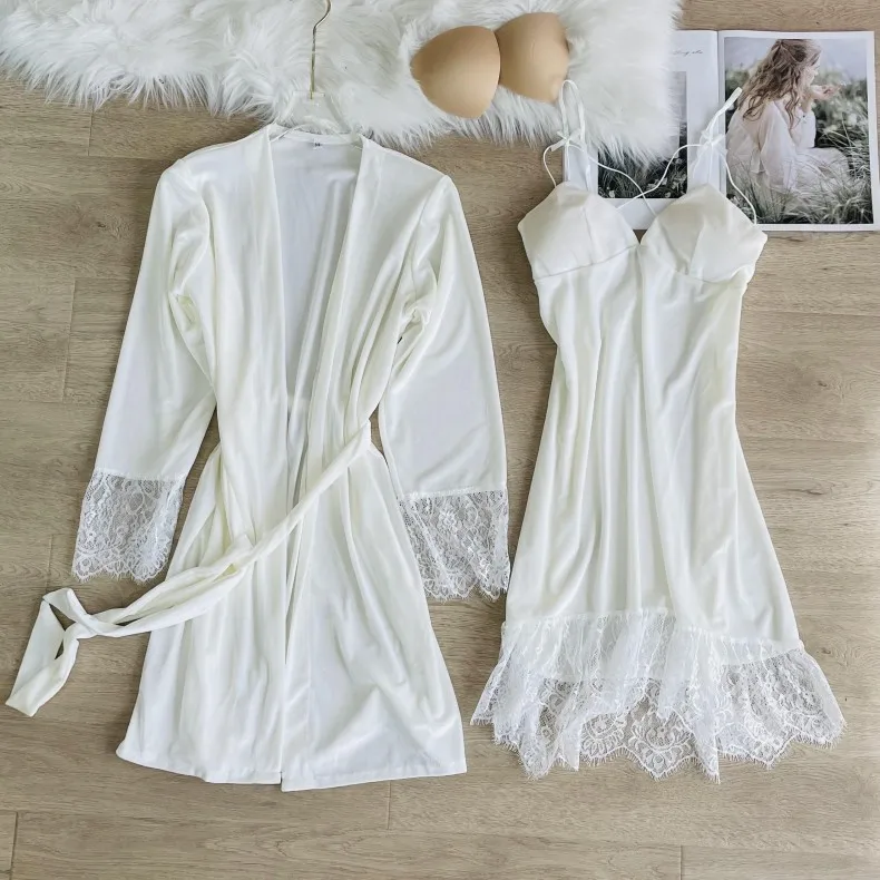 

Burgundy 2PCS Women Kimono Robe Sets Velour Lingerie Bride Dressing Bathrobe Gown Sexy Suspender Skirt Sleepwear Autumn Homewear