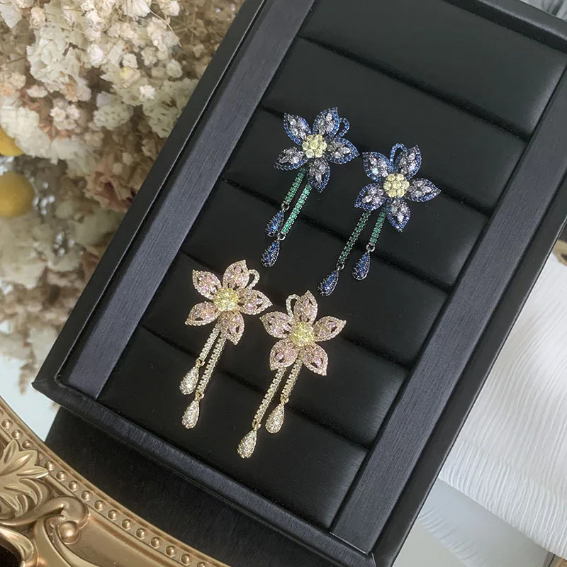 

Trendy Simple Sweet Pink Blue Cubic Zircon Shiny Flower Tassel Drop Earrings For Women Luxury Temperament Elegant Jewelry Gifts