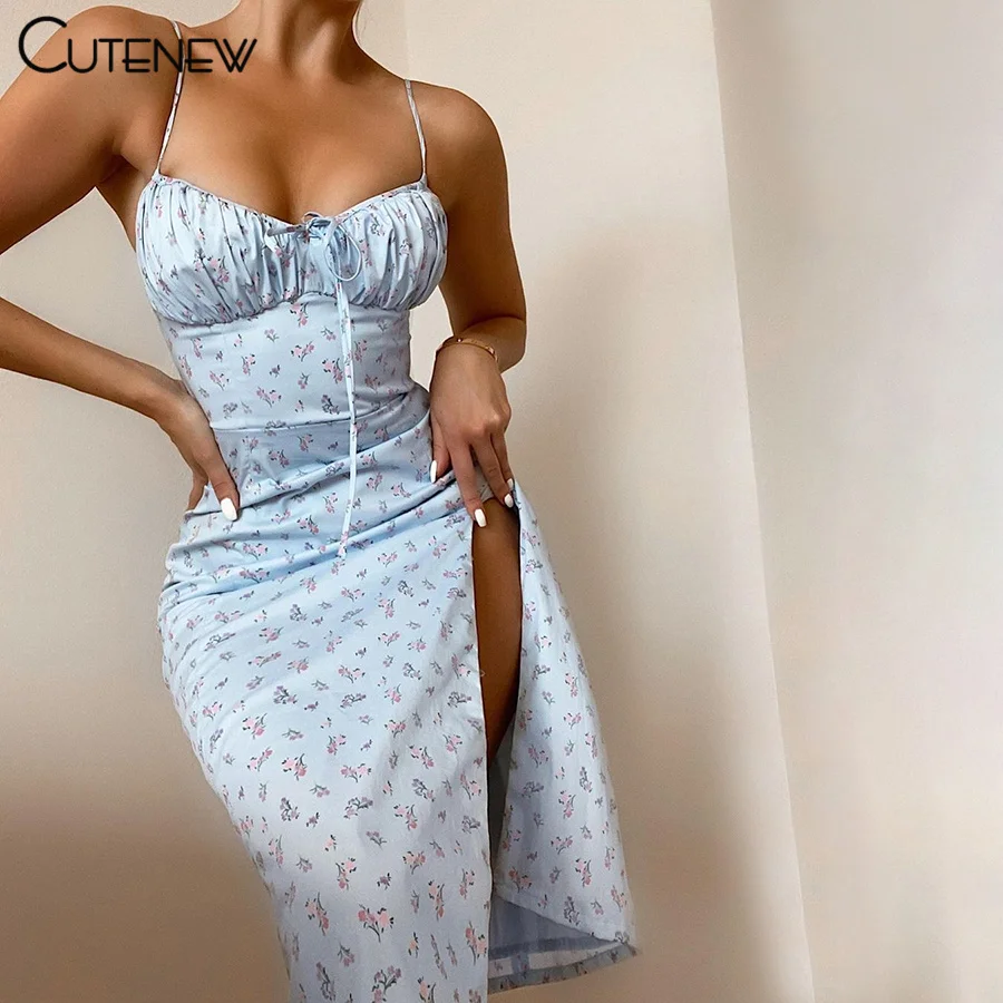 

Платье-макси Cutenew женское с цветочным принтом и Боковым Разрезом, элегантное романтичное повседневное вечернее платье во французском стиле...