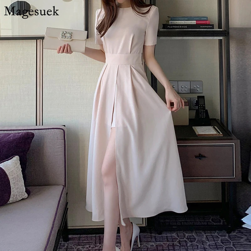 

Korean Style Dress Women Elegant 2021 Summer Short Sleeve Slim Chiffon Dress Party Casual Midi Split Sexy Dresses Vestidos 15235