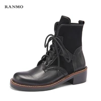 genuine leather boots women lace up square high heels 2021 autumn winter new retro ankle boots fashion thick sole platform shoes