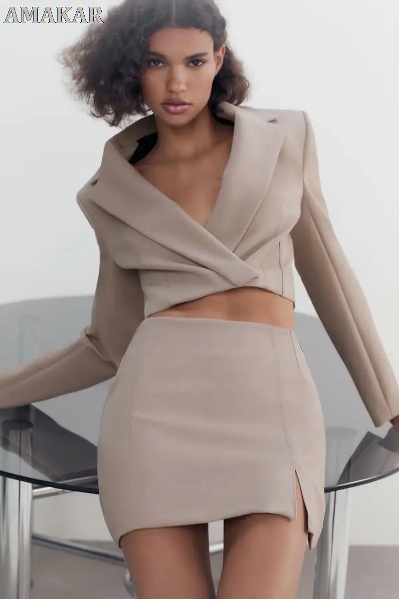 

Cropped Sexy Blazer 2 Piece Set Women Short Blazer Mini Skirt Bodycon Two Piece Office Lady Suit Blazer Coat Skirt Split