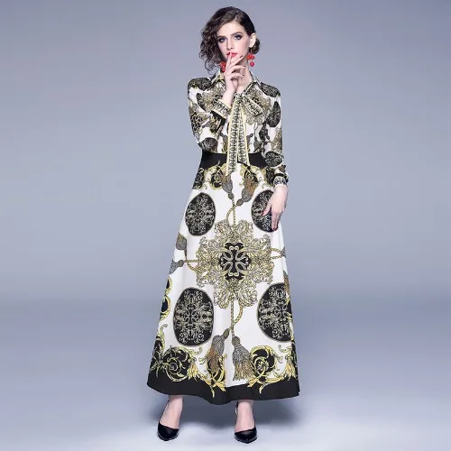 

Spring Autumn Vintage Dress Designer Dresses Women Fringed Abstract Flower Pattern Long Sleeve Shirt Ankle-Length Elegant Dress