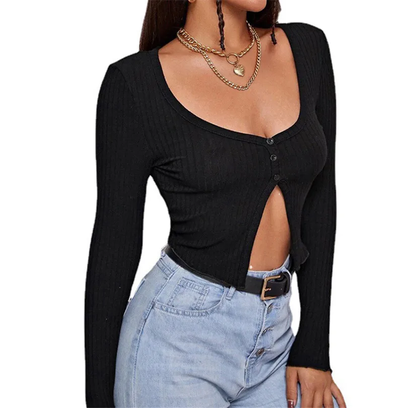 

NDUCJSI Сексуальная трикотажная однотонная Осенняя футболка на молнии, укороченные топы в рубчик, тонкая черная белая хлопковая одежда для жен...