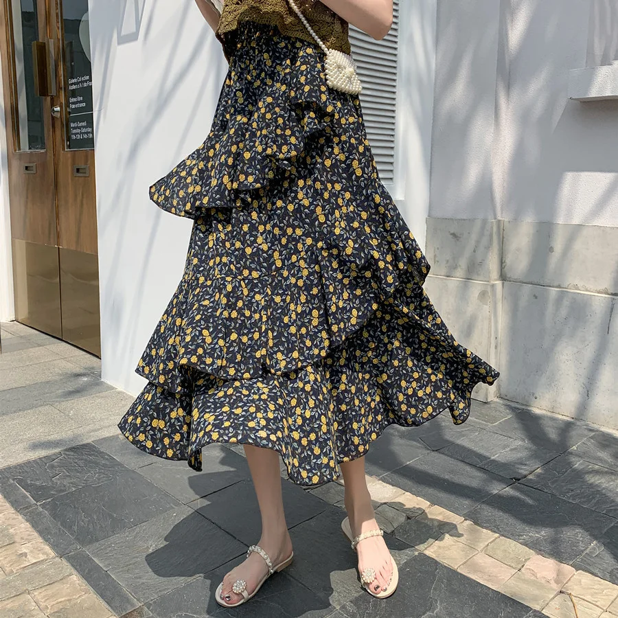 

Цветочная юбка с высокой талией, асимметричное Многоярусное платье с оборками, весна 2021