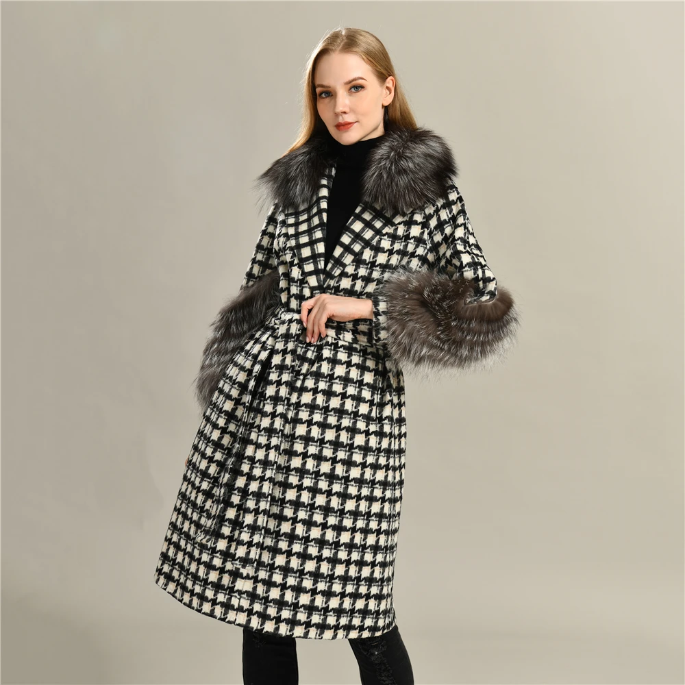 

Women Elegant Long Wool Coat with Belt Check Pattern Luxury Fur Sleeves Outerwear Ladies Overcoat Autumn Winter 2021