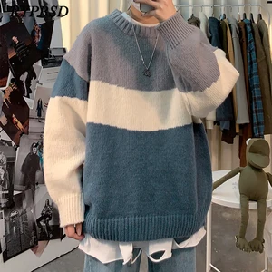 Мужской вязаный свитер, сезон осень-зима 2022, пуловер в полоску с круглым вырезом в стиле пэчворк, теплые модные мужские и женские свитера оверсайз в Корейском стиле Харадзюку