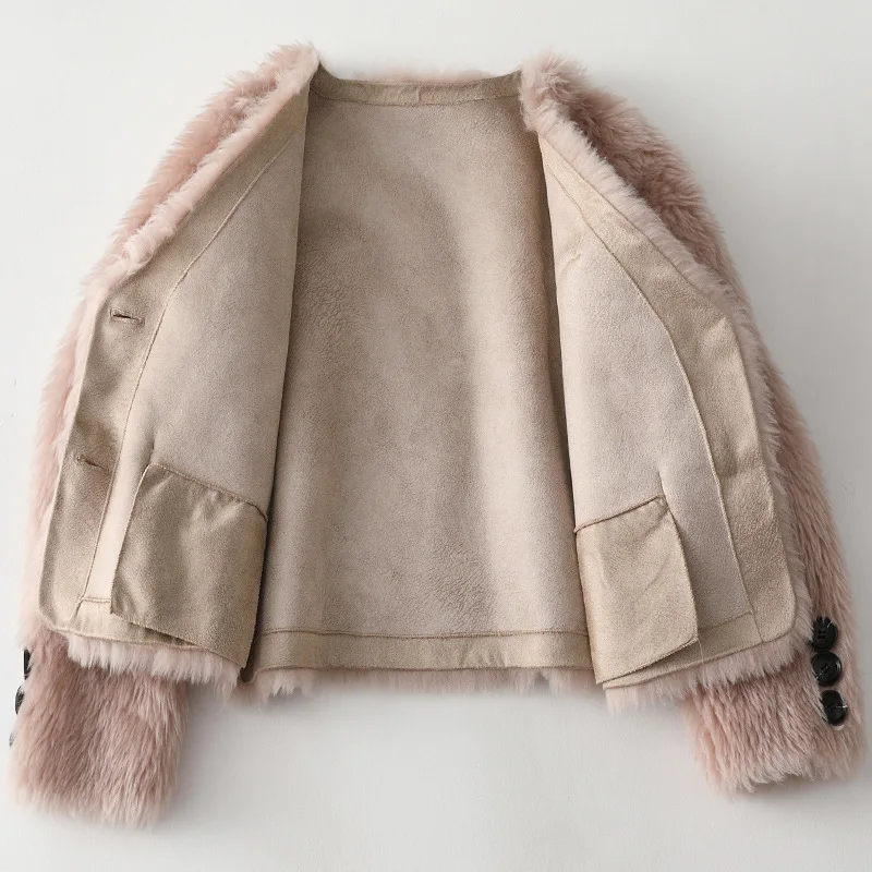 Winter Slim Women Wool Fur Coat Fashion Short Cashmere Jacket Simple Multicolor Options Sexy V-Neck Pocket Female Warm Clothes