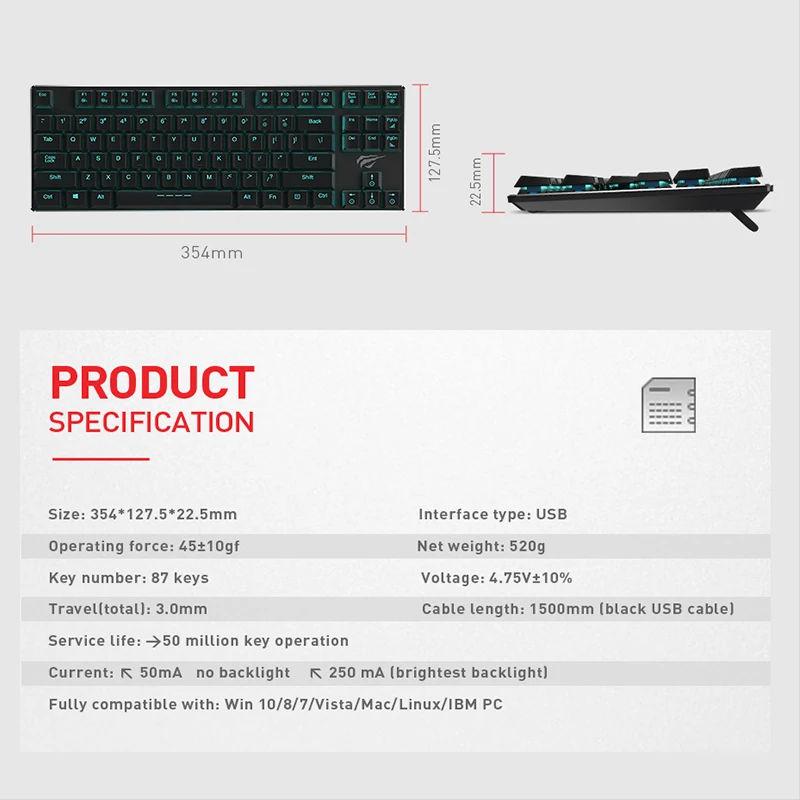 Havit игровая механическая клавиатура с подсветкой Проводная экстра-тонкая и