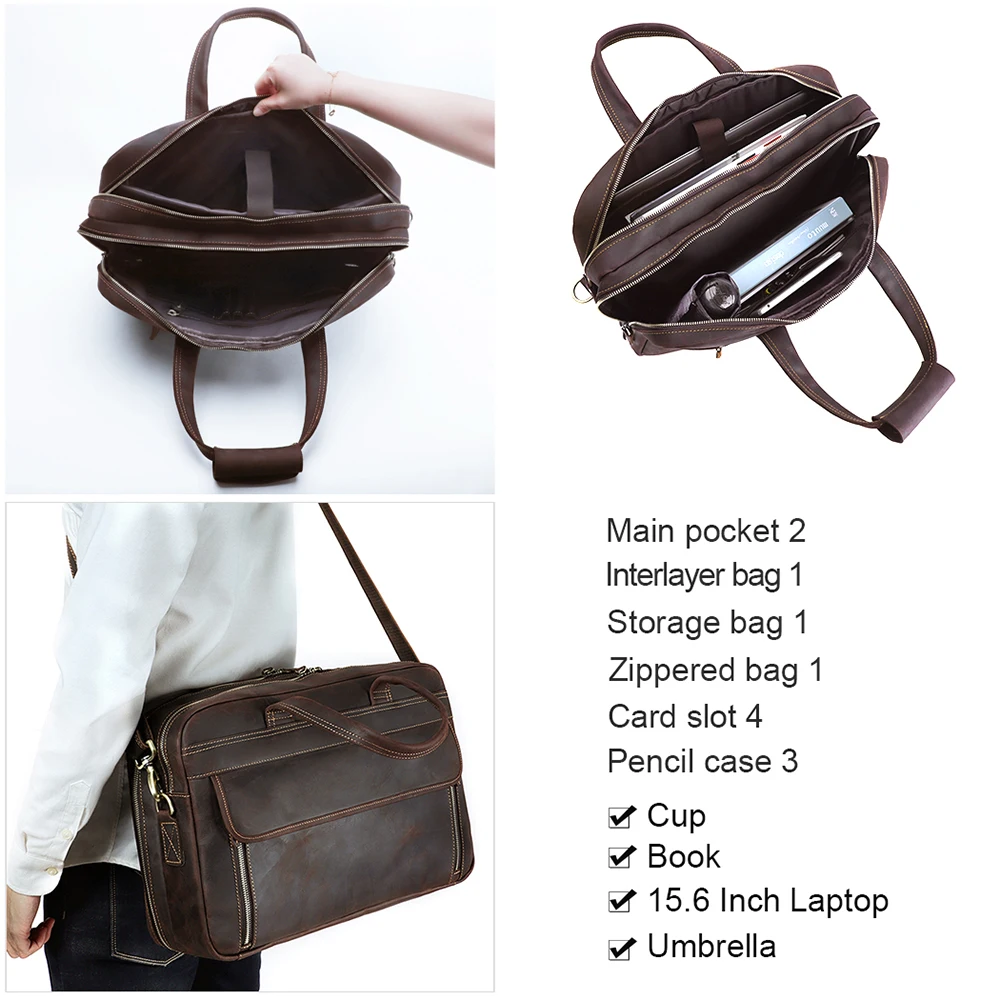 Деловой портфель JOYIR для мужчин на плечо из натуральной кожи Крейзи Хорс дорожная