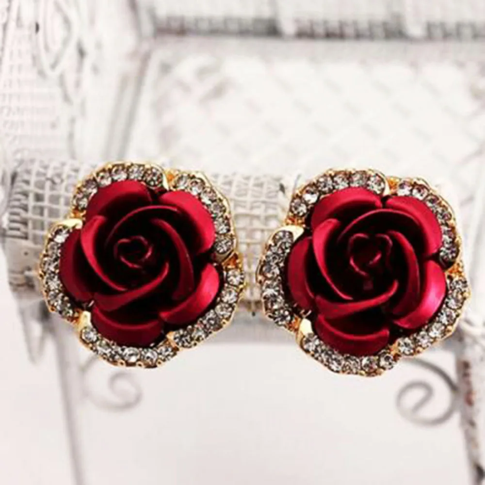 Модные элегантные металлические серьги гвоздики стразы в форме цветка розы с