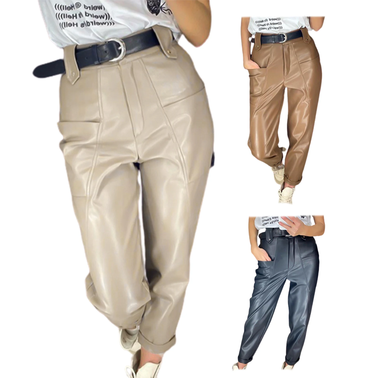 

Women Gradient Colorful Y2K Faux Leather Pants Straight Vintage Office Lady Slim 2021 Spring Fashion Streetwear Trousers