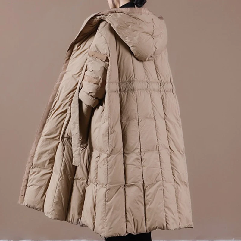 Женское длинное пальто на белом утином пуху однотонное Свободное с капюшоном две