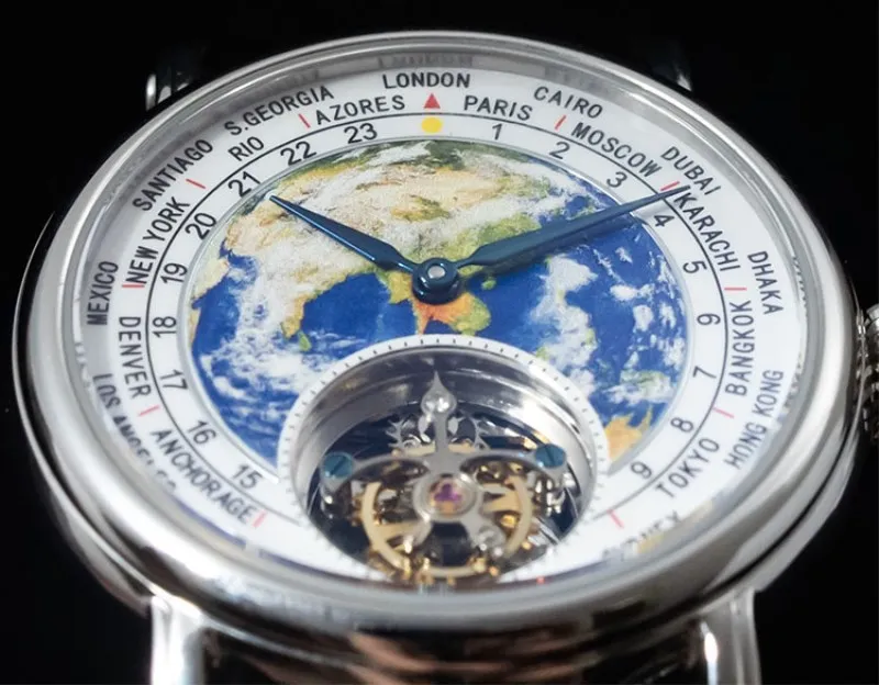 Top Brand Luxury Men Tourbillon Watches Male Sapphire Clock 3D Earth Enamel Dial ST8000 Mens Mechanical Watch Crocodile Leather